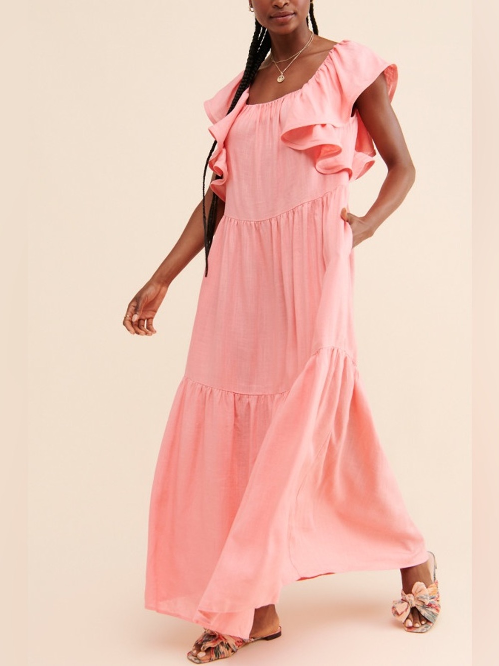 ELLIAT Eloise Ruffled Sleeve Pink Linen Maxi Sundress, Sz XS